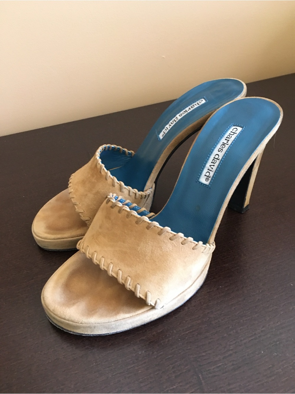 Charles David Beige Suede Open-Toe Heeled Mules with Blue Insole